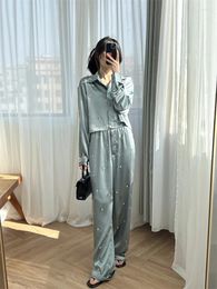 Women's Two Piece Pants "Silk Texture" Two-color French Heavy Industry Hand Sewn Diamond Decorative Satin High-end Custom Short Shirt Su