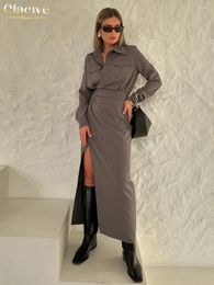 Casual Dresses Clacive Fashion Slim Brown Office Women Dress Elegant Lapel Long Sleeve Ankle Length High Waist Slit Female