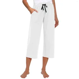 Women's Pants Women Loose Cropped Wide Leg Summer High Waist Cotton Linen Trousers Retro Beach Party Yoga With Pockets