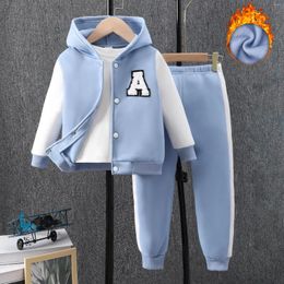 Clothing Sets 2024 Children Winter Plush Boy Set Fashion Casual Girl Long Sleeved Letter Hooded Top Pants Autumn Children's