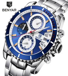 BENYAR Fashion Business Dress Mens Watches Top Brand Luxury Chronograph Full Steel Waterproof Quartz Clock Support Drop2428804