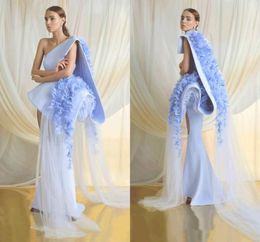 2019 Azzi Osta Blue Prom Dresses Satin Lace 3D Floral Appliqued One Shoulder Gorgeous Evening Dress Sweep Train Girls Pageant Go4566214