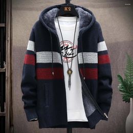 Men's Sweaters Striped Mens Sweater Coat Thick Fleece Warm Zipper Wool Hooded Cardigan Jumpers Men Long Sleeve Knitted