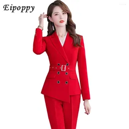 Women's Two Piece Pants Asymmetric Size S-5XL Women Pant Suit With Belt Red White Black Pieces Set Triple Breasted Blazer Trouser For Winter