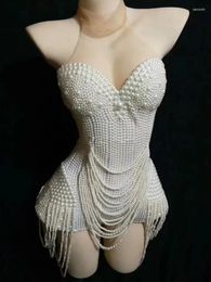 Stage Wear Nightclub Singer Dancer Performance White Beaded Pearls Tassel Women Party Bodysuits Sleeveless Mesh Jumpsuits