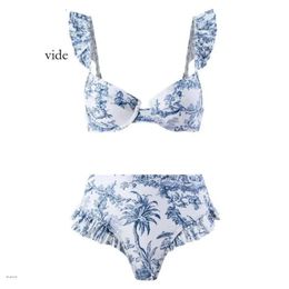 Women's Swimwear Bohemian Printed Swimsuit Women Split Bohemia Style Ruffle Sleeve Bandeau Bra High Waist Swim Set Floral For Beach Best 5557