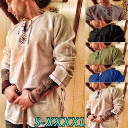 Винтажный стиль мужчина Древнее викинговая льняная рубашка Средневековая косплей костюм мужчина с длинными рукавами вышиваемая футболка 240410