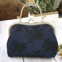 Evening Bags Women Vintage Cute Black Lace Embroidery Metal Frame Shoulder Bag With Handle DIY Material Pack Or Finished