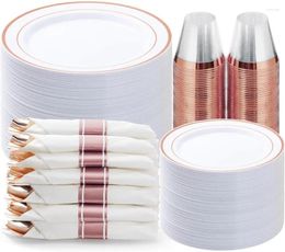 Disposable Dinnerware 350PCS Rose Gold Plastic Set Party Plates For 50 Guests Include 100 Pre Rolled Napkins