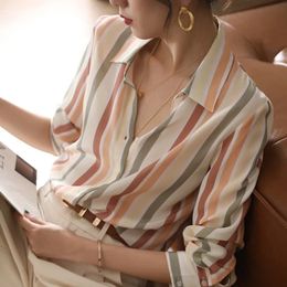 Stripe Women Shirt Satin Vintage for Autumn Clothes Korean Fashion Shirts and Blouses Basic Elegant Womens Tops 240412
