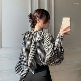 Women's Blouses Plaid Big Bow Long Sleeve Shirt 2024 Spring Top For Women Korean Clothes Vintage Shirts Elegant Blouse Renaissance