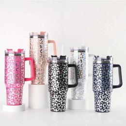 Mugs 40oz Laser leopard print Thermos Vacuum Cup with Handle Stainless Steel Travel In-Car Thermos Bottle Coffee Insulated Flasks 240417