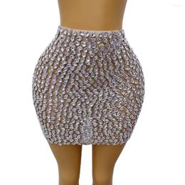 Stage Wear Sexy Bling Silver Rhinestones Skirt Stretch Mesh Outfit Dance Birthday Celebrate Performance Poshoot Costume