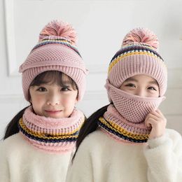 Berets 4-10 Years Children Beanie Girl Boy Ear Protection Warm Cap Mask And Collar Set Kids Baby Cute Winter Thick Pom Hats With Fleece