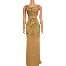 Stage Wear Gold Luxury Round Collar Crystals Rhinestone Mesh Sheer Long Dress For Women Birthday Evening Prom Maternity Pregant