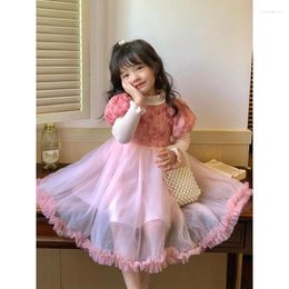 Girl Dresses Girls' Autumn Pink Roses Sweater Princess Dress Children's Halloween Puffy Long Sleeve Mesh Children Shirt