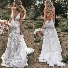 Düğün Denizkızı Vintage 2022 Fildişi Elbiseler V yaka Sırtsız Gelin Elbise Dantel Aplikler 3D Çiçekler Ülke Gelin Gowns Artı Boyut Özel Yapımı Uzun Vestidos