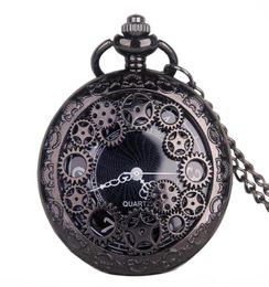 Pocket Watches Fashion Hollow Gear Black Bronze Shilver Quartz Watch Pendent Necklace Chain Clock Reloj De Bolsillo CF10362626349