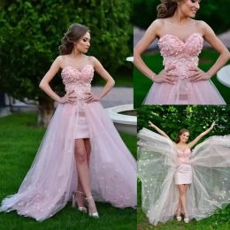 2024 Pink Prom Dresses 3D Floral Applique Beaded Sweetheart Neckline High Low Tulle Evening Party Gown Formal Occasion Wear vestidos