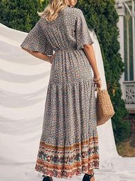 Casual Dresses Women S Boho Maxi Dress Bohemia Floral Print Wrap V Neck Puff Short Sleeve Ethnic Style Long Beach