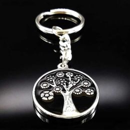 Keychains Lanyards Black Enamel Stainless Steel Tree of Life Keyring Silver Colour Carabiner Key Chain Men Jewellery Gift llaveros hombre K72261S01 Y240417