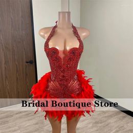 Party Dresses Sexy Sparkly Red Diamonds Short Prom Dress Halter Glitter Crystals Rhinestone Bead Feathers Graduation Birthday Coctail