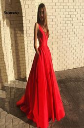 Satin Ball Gown Formal Prom Dresses Illusion Vneck Back Party Evening Dress with Pockets vestido de formatura3889027