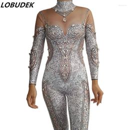 Stage Wear Vintage Printing Rhinestones Jumpsuit Long Sleeve Bodycon Nightclub Sexy Leotard Party Birthday Performance Dance Costume