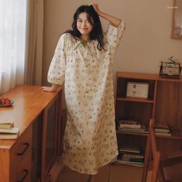 Women's Sleepwear Women Pure Cotton Loose Printed Nightdress Simple Round Neck Three Quarter Sleeves Nightgowns Girls Long Mid-Calf Sweet