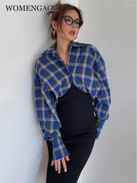 Women's Blouses Style WOMENGAGA American Loose Slim Checkered Plaid Short Sleeve Shirt For Women Korean Lapel Blouse Tops Fashion P2I