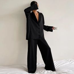 TXii Oversized Satin Silk Sleepwear Low Cut Sexy Pyjamas For Women Single-Breasted Long Sleeves Wide Leg Pants Trouser Suits 240408