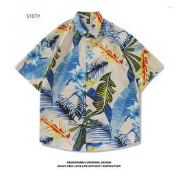 Men's Casual Shirts Vintage Hawaiian Ice Silk Shirt Korean Edition Trendy Summer Short Sleeved Couple Beach Flower Wearing Print Outside