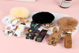 Bunny Design Key Chains Ring Pompom Ball Rabbit Bag Pendant Charm Keyring Buckle Gift Jewellery Accessories PU Leather Brown Flower 1680997