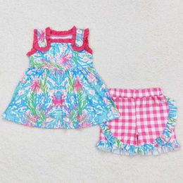 Clothing Sets Fashion Baby Girls Flowers Blue Pink Tunic Top Ruffle Shorts Clothes Summer Toddler Girl Match Rompers