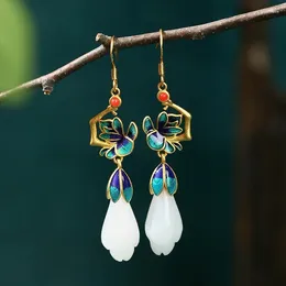 Dangle Earrings Oriental Classical Painted Enamel 925 Silver Women's Chinese Ancient Style Magnolia Imitation Jade