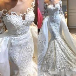 2024 Luxury Applique Mermaid Wedding Dresses with Overskirt Sheer Neck Crystal Long Sleeve Organza Sweep Train Wedding Gown