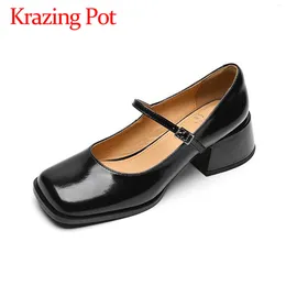 Dress Shoes Krazing Pot Cow Leather Chunky Heels Summer Fashion Square Toe Mary Janes Solid Color Evening Party Gorgeous Luxury Women Pumps