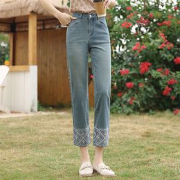 new Chinese style straight leg pants womens nostalgic pants with embroidered high visibility legs straight cropped leg jeans