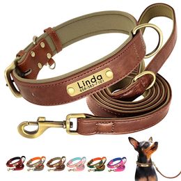 Customised Leather Dog Collar Leash Set Soft Padded Leather Collar For Small Medium Large Dogs With Free Engraved Nameplate 240417