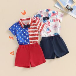 Clothing Sets 4th Of July Outfits Toddler Boys Clothes Kid Stripe Star Letter Print Bowtie Short Sleeve Shirts Tops Shorts Set 2Pcs