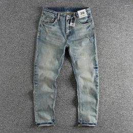 Men's Jeans Simple Small Hole Folds Retro Trend Light Blue Wash Men Micro Elastic Straight Spring And Autumn Long Pants