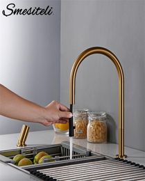 Smesiteli New Faucet Invisible Pull Out Sprayer Head Double Hole Single Handle And Cold Solid Brass Kitchen Sink Mixer Tap T205711592