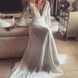 2024 Sexy Deep V Neck Beach Wedding Dresses Long Julit Sleeves Lace A Line Applique Backless Chiffon Sash Sweep Train Wedding Gowns