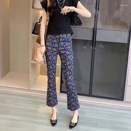 Women's Jeans Summer Casual Floral Print High Waist Denim Trousers Slim Flare Ankle Length Pants