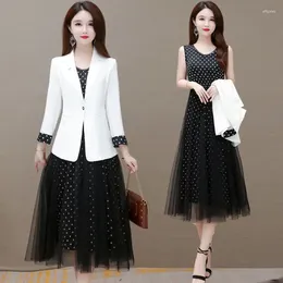 Work Dresses Polka Dot Set Dress Women's Long 2024 Spring Outfit Suit Summer Slimming Two-Piece Sets Elegant Dess And Blazer Mesh