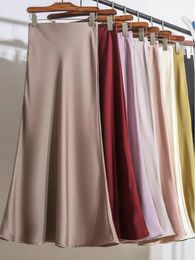 Womens Long Skirt 2024 Fashion Satin Skirt Office Lady Elastic Waist Solid Champagne Purple Red Silk A-LINE Skirt for Women 240328