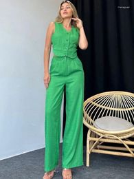 Women's Two Piece Pants Green Tracksuit With Vest 2024 Summer Wide Leg Trousers Suits Buttons Sleeveless Tops Tow Set For Women Outfits