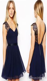 Summer Lace Evening Dresses Chiffon Navy Blue Sexy Sheer Backless Real Sample Short Lace Prom Gowns Cocktail Party Dress4908631