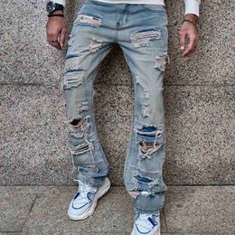 Men's Jeans Stylish vintage Loose Men Ripped Straight Mens Trousers Hip hop Male Holes Solid Motorcycle Casual Denim Pants d240417