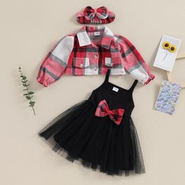 Clothing Sets Toddler Baby Girls 3Pcs Dress Suit Casual Autumn Winter Sleeveless Mesh With Plaid Coat Hairband Set Infant Outfits